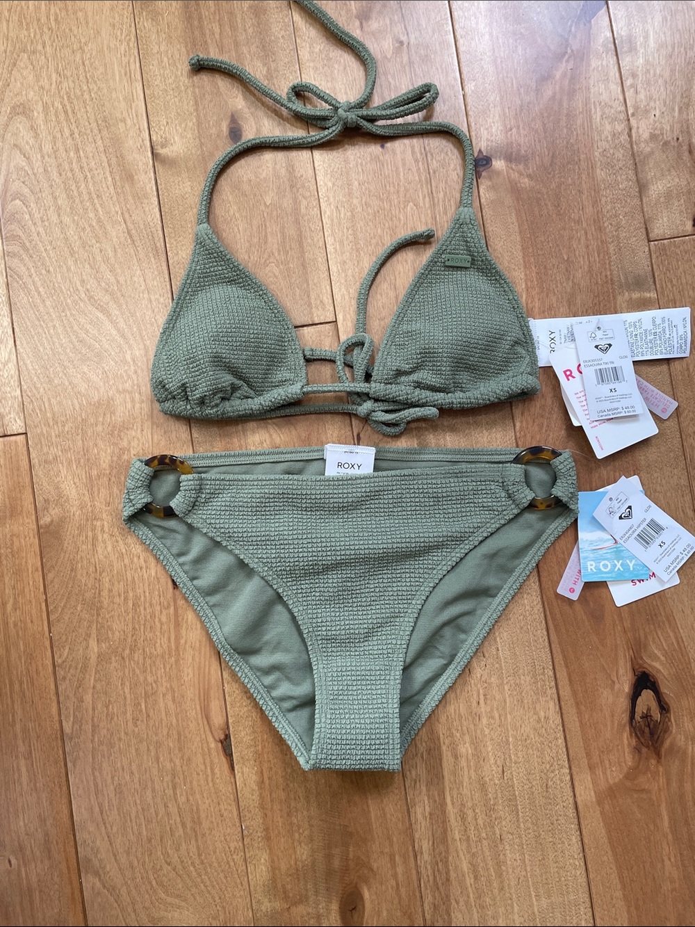 Roxy Olive Green Textured Triangle Bikini with Tortoise Ring Details